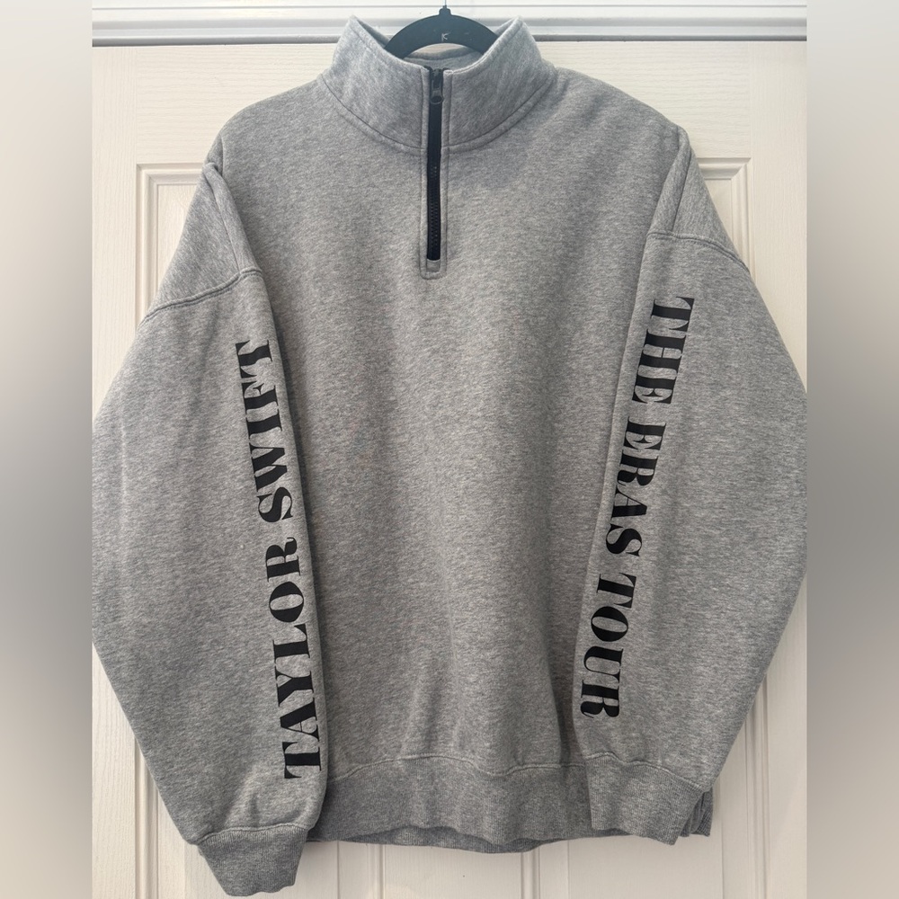 Taylor Swift Grey Quarter-Zip Pullover with Black Sleeve Text